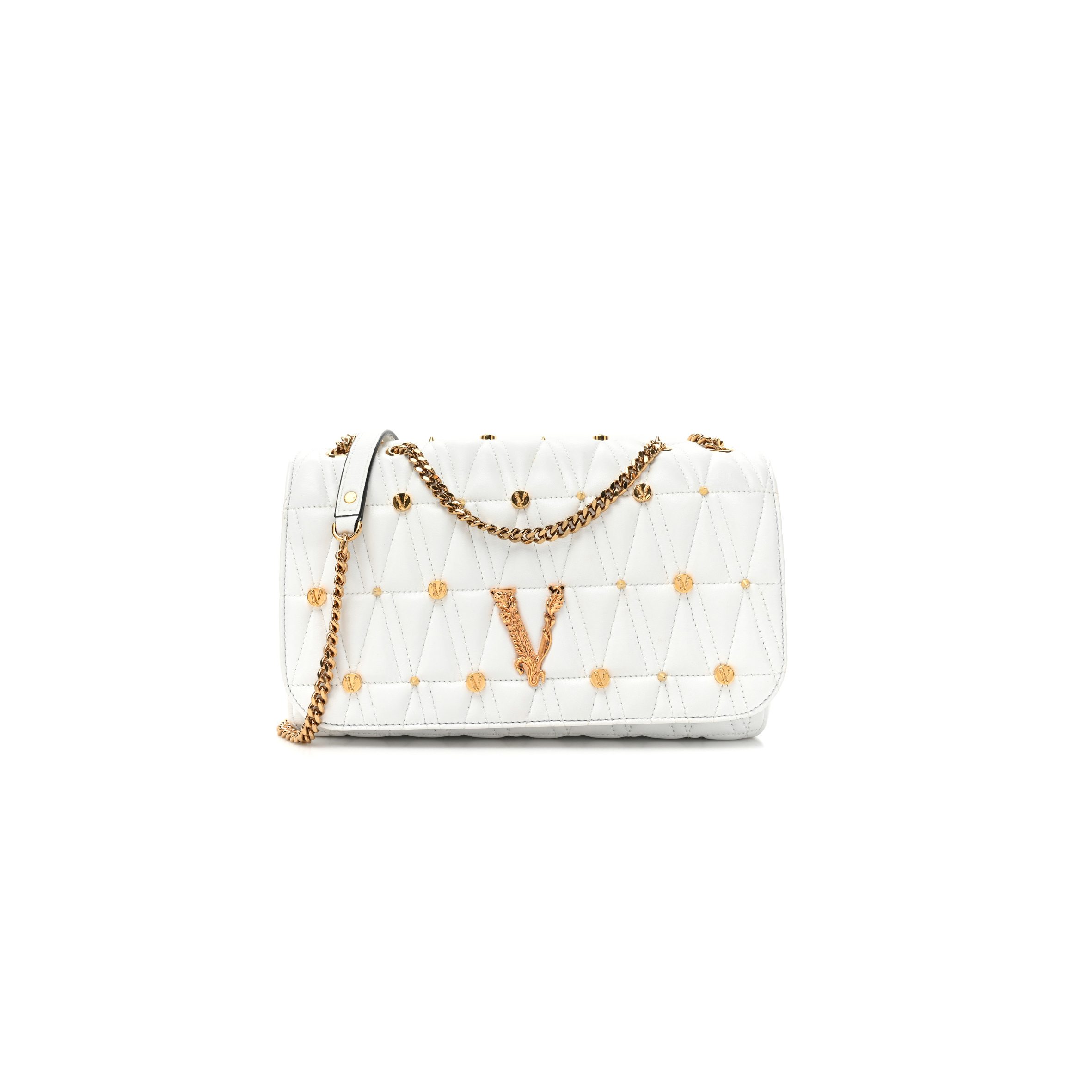 VERSACE NAPPA QUILTED STUDDED VIRTUS SHOULDER BAG WHITE  (25*15*8cm)