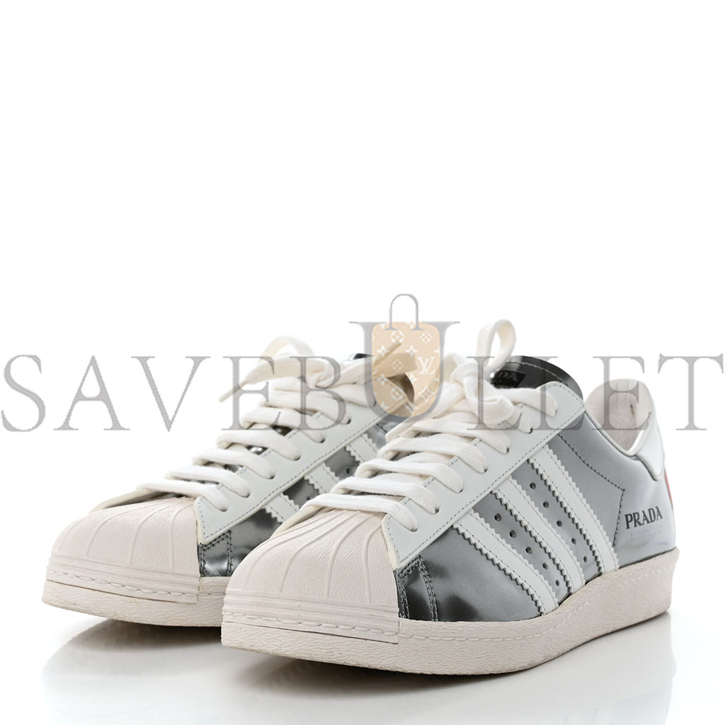 PRADA X ADIDAS BRUSHED CALFSKIN LOGO MENS SUPERSTAR SNEAKERS 6 SILVER WHITE