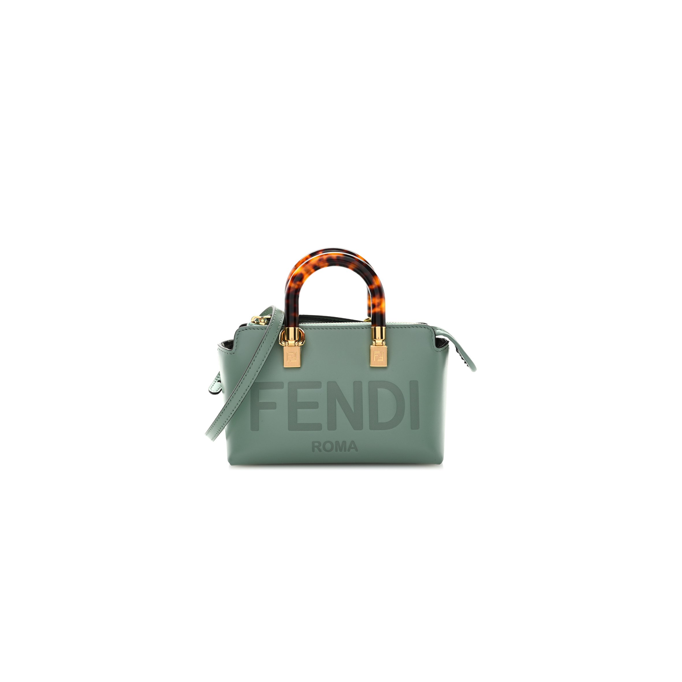 FENDI VITELLO KING PLEXIGLASS LOGO EMBOSSED MINI BY THE WAY TOP HANDLE BOSTON BAG MENTA (18*11*9cm)