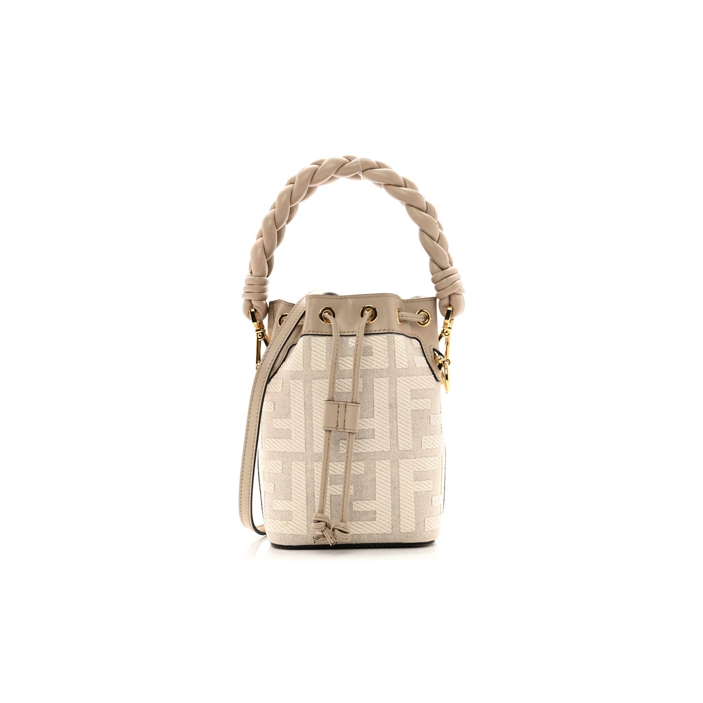 FENDI CANVAS NAPPA F IS FENDI FF EMBROIDERED MINI MON TRESOR BUCKET BAG GREZZO WHITE NUVOLA (18*12*10cm)