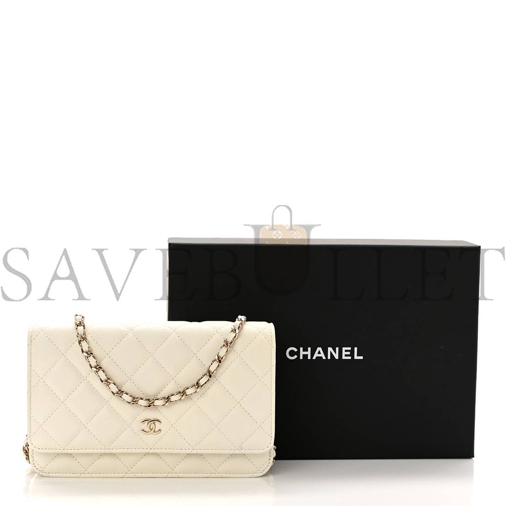 CHANEL CAVIAR QUILTED WALLET ON CHAIN WOC WHITE ROSE GOLD HARDWARE (19*12*4cm)