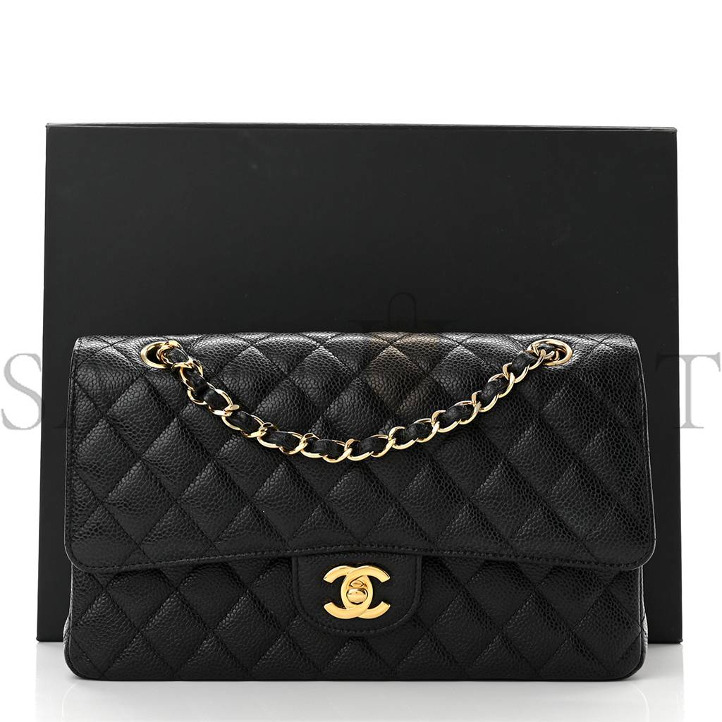 CHANEL CAVIAR QUILTED MEDIUM DOUBLE FLAP BLACK GOLD HARDWARE (25*15*6cm)