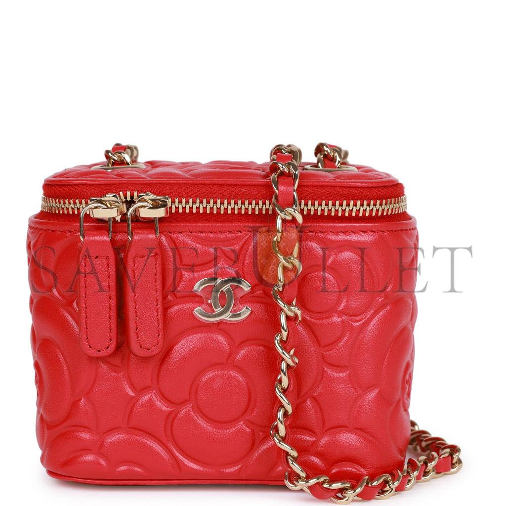 CHANEL CAMELLIA MINI VANITY CASE RED LAMBSKIN LIGHT GOLD HARDWARE (11*9*8cm) CHANEL CAMELLIA MINI VANITY CASE RED LAMBSKIN LIGHT GOLD HARDWARE (11*9*8cm)