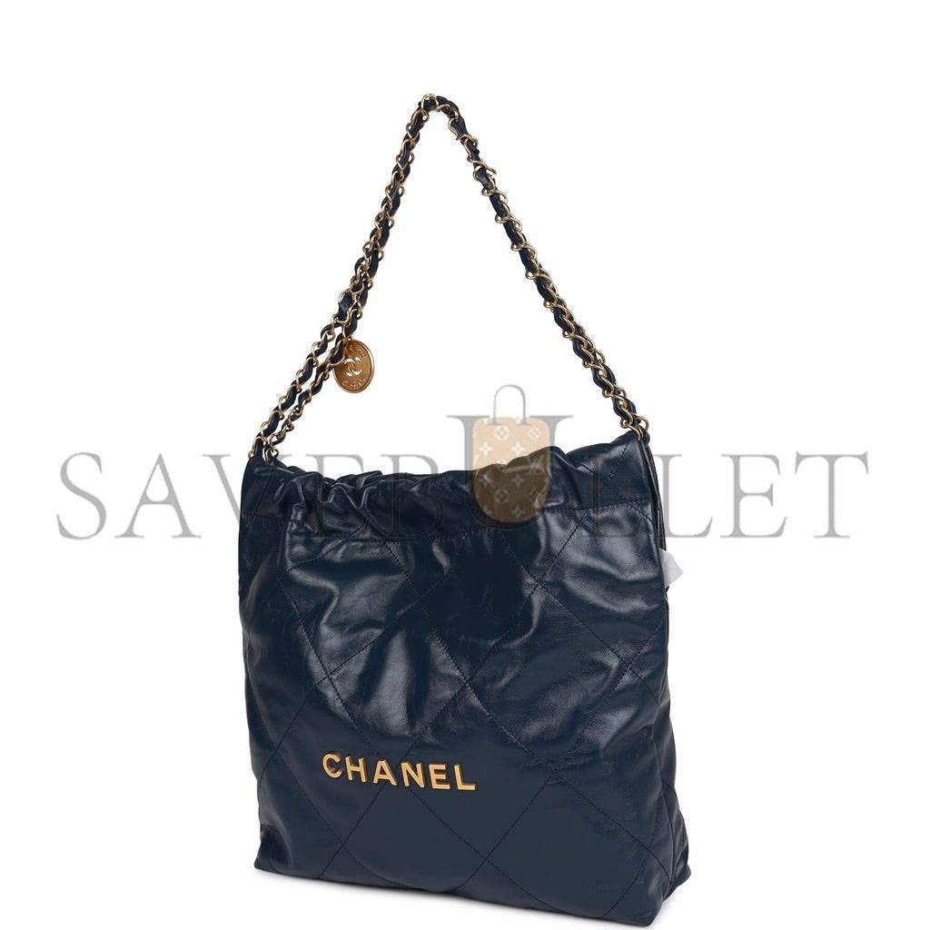 CHANEL LARGE 22 BAG NAVY LAMBSKIN ANTIQUE GOLD HARDWARE (46*45*10cm)