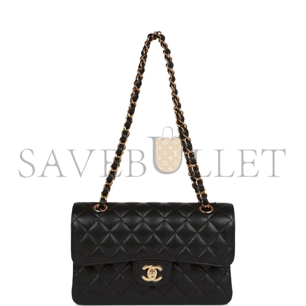 CHANEL SMALL CLASSIC DOUBLE FLAP BLACK CAVIAR GOLD HARDWARE (23*13*6cm)