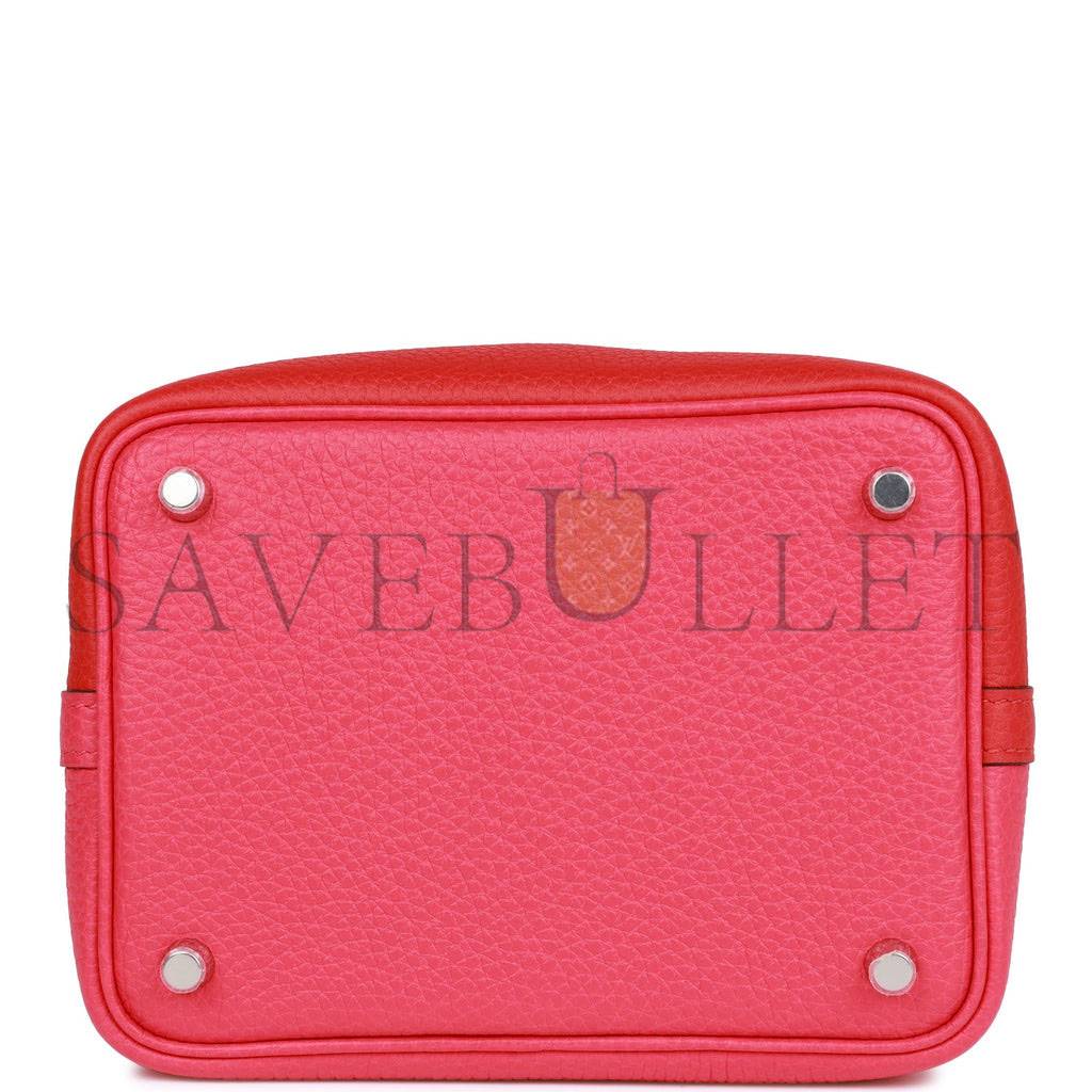 HERMES PICOTIN LOCK 18 CASAQUE ROUGE DE COEUR, ROSE EXTREME AND BLEU ZANZIBAR CLEMENCE PALLADIUM HARDWARE (18*13*18cm)