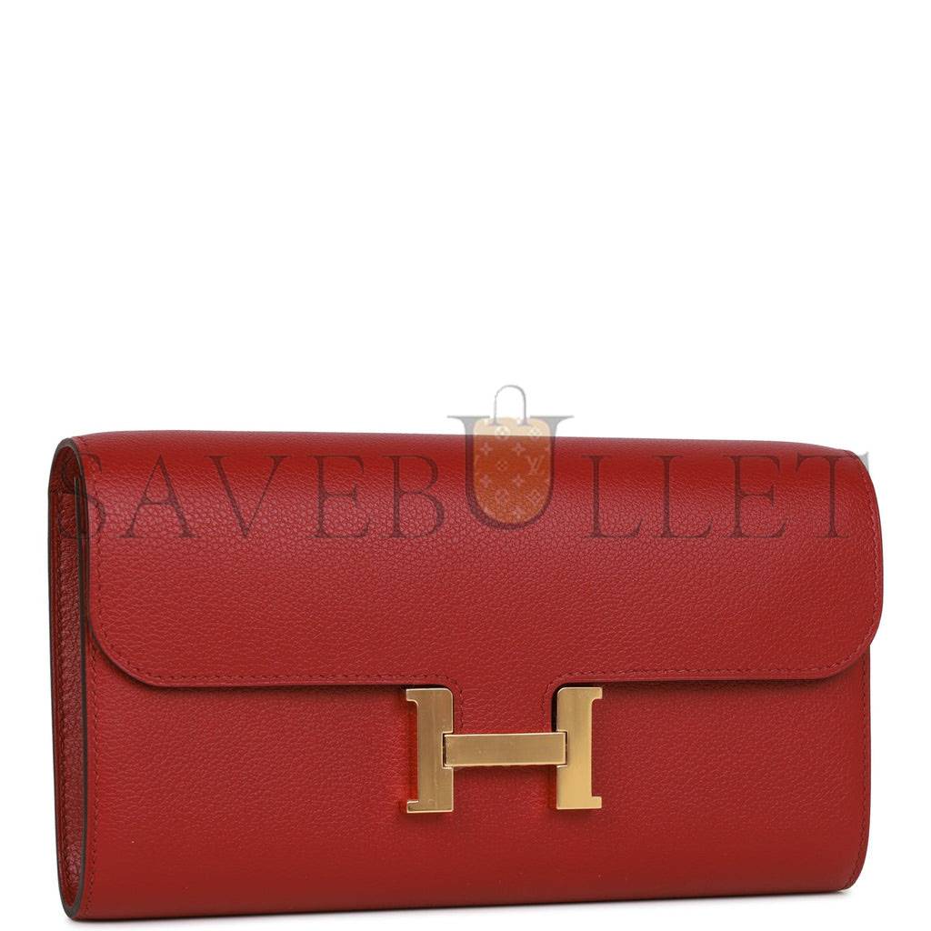 HERMES CONSTANCE WALLET TO GO ROUGE GRENAT EVERCOLOR GOLD HARDWARE (8*4.5*1.5cm)