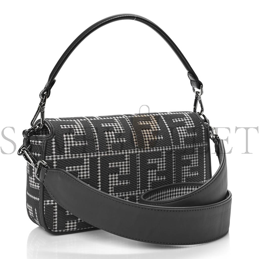 FENDI WOOL VITELLO KING HOUNDSTOOTH FF EMBROIDERED BAGUETTE GRIGIO ANTHRACITE (27*17*6cm)